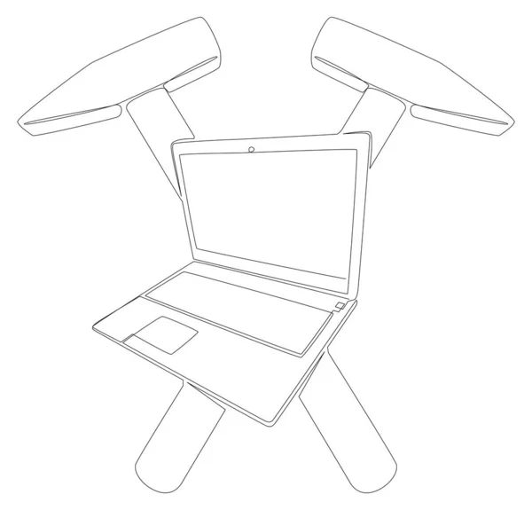 Una Línea Continua Laptop Con Hammer Concepto Vectorial Ilustración Línea — Vector de stock