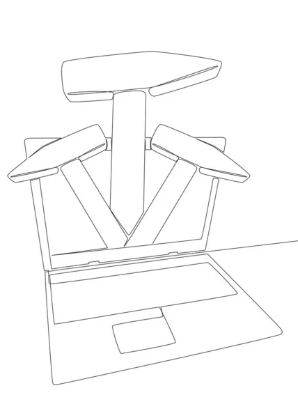 ハンマーでノートパソコンの1つの連続行 細い線イラストベクトルのコンセプト Contour Drawing Creative Ideas — ストックベクタ
