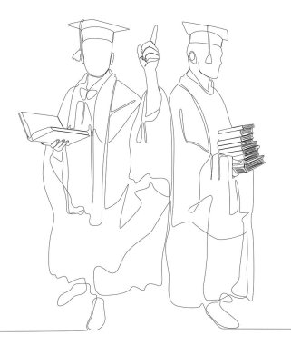 İki üniversite öğrencisi mezuniyet töreninde sürekli bir satır dolusu kitap. İnce Çizgi Çizimi Vektör Konsepti. Contour Yaratıcı Fikirler Çiziyor.
