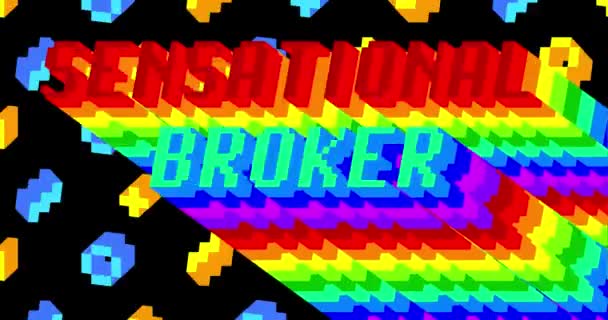 Сенсационный Брокер Анимированное Слово Длинной Многоцветной Тенью Цветами Радуги — стоковое видео