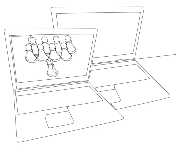 Una Linea Continua Laptop Con Pedone Scacchi Thin Line Illustrazione — Vettoriale Stock