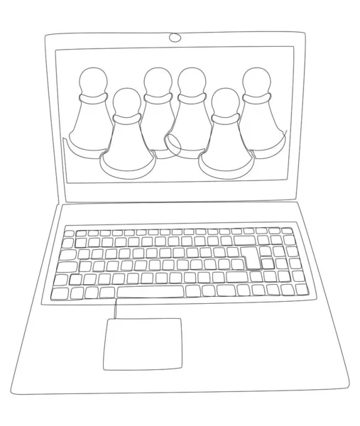 Una Linea Continua Laptop Con Pedone Scacchi Thin Line Illustrazione — Vettoriale Stock