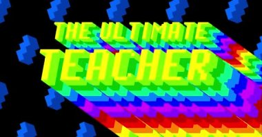 Nihai Öğretmen. Siyah arkaplanda gökkuşağı renginde uzun katmanlı çok renkli gölgesi olan 4k animasyon kelimesi.