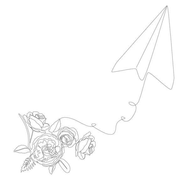 バラの花と紙飛行機の1つの連続行 細い線イラストベクトルのコンセプト Contour Drawing Creative Ideas — ストックベクタ