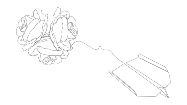 Gül Çiçekli Sürekli Bir Paper Airplane Çizgisi Nce Çizgi Çizimi — Stok Vektör