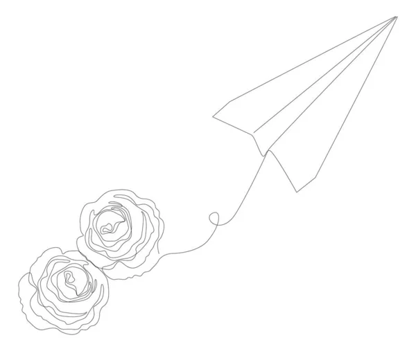 Egy Folyamatos Papírrepülő Rózsavirággal Vékony Vonal Illusztráció Vektor Koncepció Contour — Stock Vector