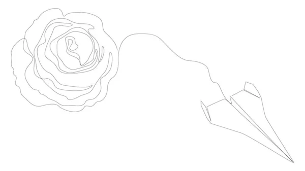 Egy Folyamatos Papírrepülő Rózsavirággal Vékony Vonal Illusztráció Vektor Koncepció Contour — Stock Vector