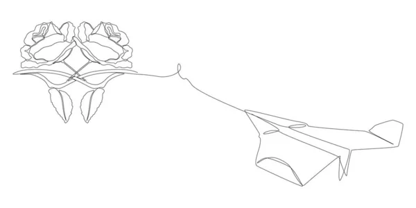 バラの花と紙飛行機の1つの連続行 細い線イラストベクトルのコンセプト Contour Drawing Creative Ideas — ストックベクタ