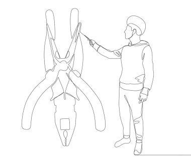 Keskin uçlu kalemle pense ve maşa çizen bir adam çizgisi. Nesneleri güvenli bir şekilde tutmak için kullanılan bir el aleti. İnce Çizgi Çizimi Vektör Konsepti. Contour Yaratıcı Fikirler Çiziyor.