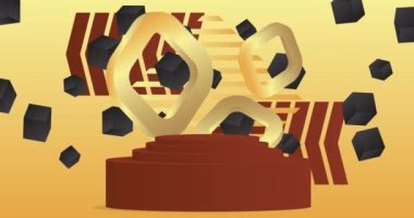 Siyah, kahverengi ve altın renkli animasyon. Ürün ekran videosu. Sunum için çizgi film silindiri kaidesi podyumu. Soyut asgari geometrik biçimler, boş sahne.