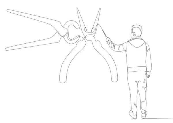 Una Línea Continua Hombre Dibujando Alicates Tongs Con Rotulador Herramienta — Archivo Imágenes Vectoriales