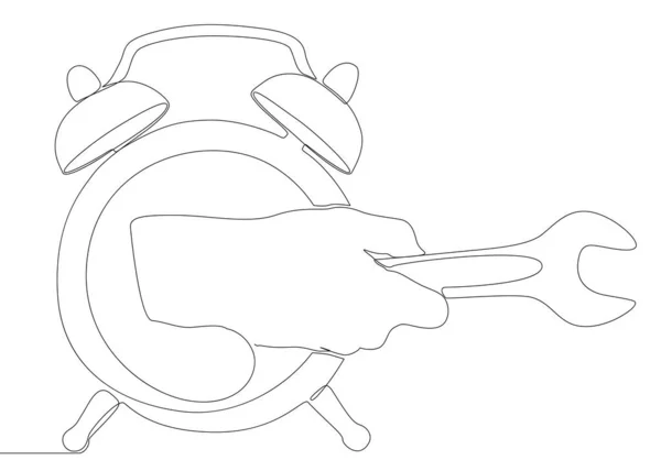 レンチと目覚まし時計の1つの連続ライン 細い線イラストベクトルのコンセプト Contour Drawing Creative Ideas — ストックベクタ