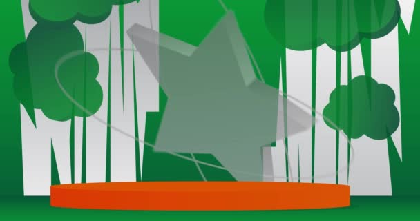 カラフルな緑 オレンジのショーケースアニメーション 製品表示ビデオ 発表のためのモックアップ漫画シリンダー台座の表彰台 抽象最小幾何学形 空のシーン — ストック動画