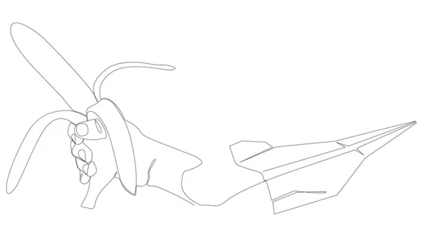 バナナと紙飛行機の1つの連続ライン 細い線イラストベクトルのコンセプト Contour Drawing Creative Ideas — ストックベクタ