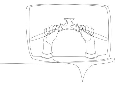 Wrench 'le aralıksız bir konuşma cümlesi. İnce Çizgi Çizimi Vektör Konsepti. Contour Yaratıcı Fikirler Çiziyor.