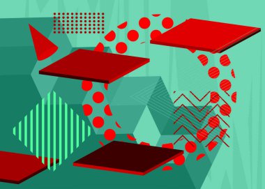 Turkuaz ve kırmızı grafik arkaplan çizimi tasarımı. Renkli geometrik şekilli vektör.