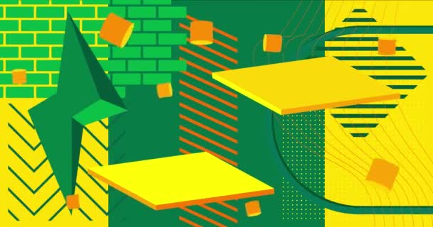 忙しい緑と黄色の幾何学的な背景ビデオテンプレート 抽象的な形状デザイン シンプルな移動幾何学的ヴィンテージミニマルグラフィック漫画の動き レトロテーマのバックドロップ — ストック動画