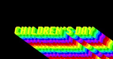 Çocuk Günü. Siyah arkaplanda gökkuşağı renginde uzun katmanlı çok renkli gölgesi olan 4k animasyon kelimesi.