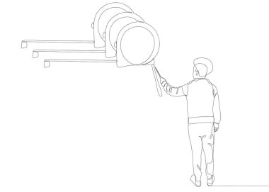 Ölçüm bandını işaret eden sürekli bir insan çizgisi. İnce Çizgi Çizimi Vektör Konsepti. Contour Yaratıcı Fikirler Çiziyor.