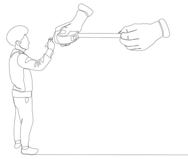 Одна Безперервна Лінія Людини Вказує Пальцем Вимірювальну Стрічку Векторна Концепція — стоковий вектор