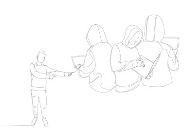 Hacker 'ı işaret eden bir dizi adam dizüstü bilgisayar kullanan adamlar. İnce Çizgi Çizimi Vektör Konsepti. Contour Yaratıcı Fikirler Çiziyor.