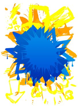 Mavi ve Sarı Graffiti konuşma balonu. Soyut Mesajlaşma işareti sokak sanatı dekorasyonu, tartışma simgesi beyaz üzerine izole edilmiş kentsel resim tarzında gerçekleştirildi.