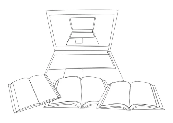 Jedna Souvislá Linka Notebooku Knihami Thin Line Electronic Education Illustration — Stockový vektor