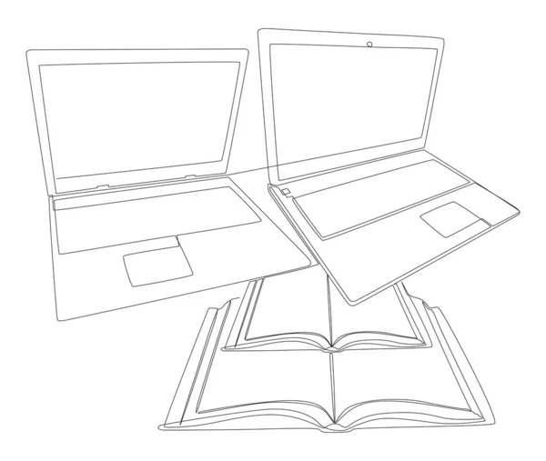 Eine Ununterbrochene Reihe Laptops Mit Büchern Thin Line Electronic Education — Stockvektor