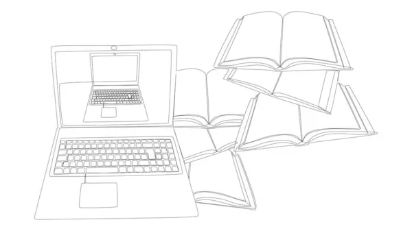 本が付いているラップトップの連続的なライン 薄いライン電子教育イラストレーションベクターの概念 クリエイティブなアイデアを描くツアー — ストックベクタ