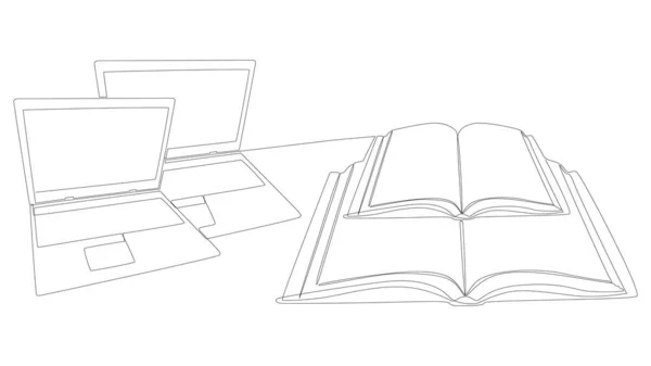 Una Linea Continua Laptop Con Libri Thin Line Electronic Education — Vettoriale Stock