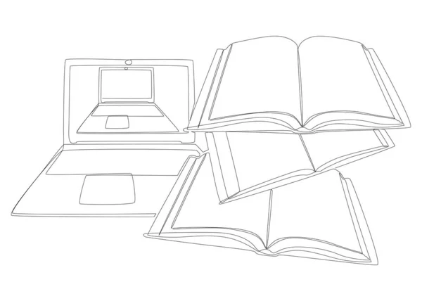 Uma Linha Contínua Laptop Com Livros Linha Fina Educação Eletrônica —  Vetores de Stock