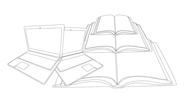 本が付いているラップトップの連続的なライン 薄いライン電子教育イラストレーションベクターの概念 クリエイティブなアイデアを描くツアー — ストックベクタ