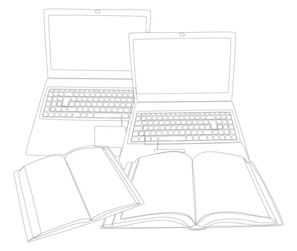 一行行一行行的笔记本电脑与书籍 细线电子教育图解向量概念 环球旅行吸引创意 — 图库矢量图片
