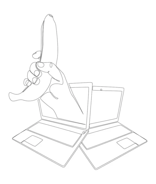 Una Linea Continua Laptop Con Banana Thin Line Illustrazione Concetto — Vettoriale Stock