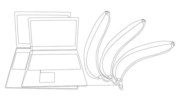 Μία Συνεχόμενη Σειρά Laptop Banana Λεπτή Γραμμή Εικονογράφηση Διάνυσμα Έννοια — Διανυσματικό Αρχείο