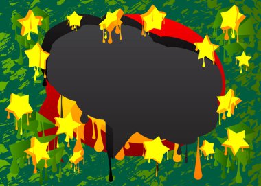 Siyah, kırmızı, yeşil ve sarı graffiti konuşma balonu arka planı. Mesajlaşma tabelası sokak sanatı, şehir boyama tarzında tartışma sembolü.