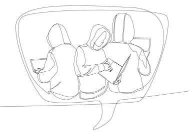 Bilgisayar korsanı ile aralıksız bir konuşma cümlesi. İnce Çizgi Çizimi Vektör Konsepti. Contour Yaratıcı Fikirler Çiziyor.