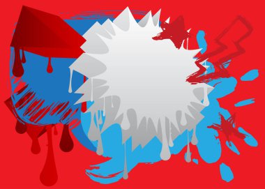 Grafiti kırmızı, mavi ve beyaz konuşma balonu. Soyut Çağdaş Mesajlaşma tabelası sokak sanatı dekorasyonu, Tartışma simgesi kentsel resim tarzında icra edildi.