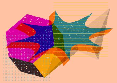 Konuşma baloncuklu renkli geometrik şekiller. Moda riso grafik tasarımlı nesne. Geometri ögeleri soyut risograf baskı desen biçimi.