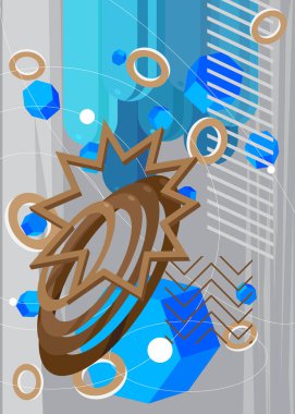 Mavi, kahverengi ve beyaz retro geometrik grafik temalı kapak. Minimum geometrik elementler, klasik poster tasarımı. Pankart için soyut şekiller şablonu.