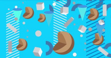 Meşgul mavi, kahverengi ve beyaz geometrik şekilli arka plan video şablonu. Basit hareket eden geometrik vintage minimal grafik çizgi film hareketi. Geçmiş tema arkaplanı.