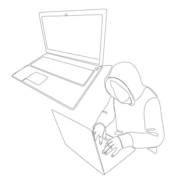 Een Continue Lijn Van Laptop Met Hacker Dunne Lijn Illustratie — Stockvector