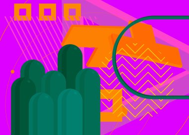 Yeşil, turuncu, sarı ve mor geometrik grafik retro temalı kapak. Minimum geometrik elementler poster tasarımı. Poster pankartı için klasik soyut şekiller şablonu.