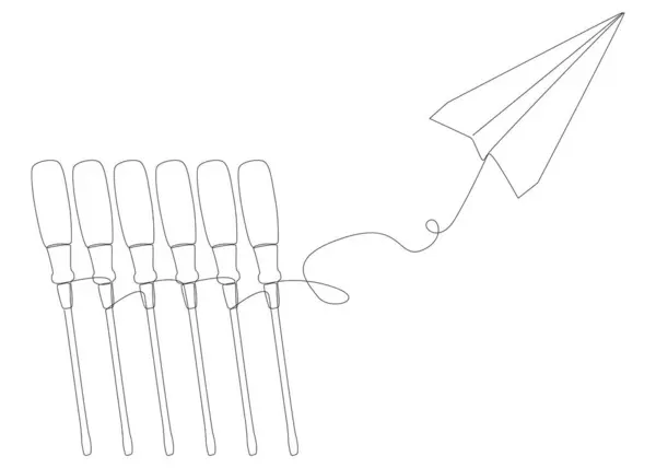 Одна Сплошная Линия Бумажного Самолета Отверткой Концепция Вектора Тонкой Линии — стоковый вектор