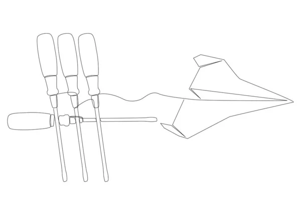 Eine Durchgehende Linie Papierflugzeug Mit Schraubenzieher Thin Line Illustration Vektorkonzept — Stockvektor