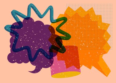 İki konuşma baloncuğu olan renkli geometrik şekiller. Moda riso grafik tasarımlı nesne. Geometri ögeleri soyut risograf baskı desen biçimi.