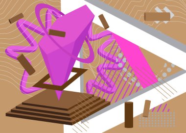 Beyaz, Mor, Pembe, Kahverengi geometrik grafik retro tema kapağı. Minimum geometrik elementler poster tasarımı. Poster pankartı için klasik soyut şekiller şablonu.