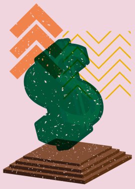 Renkli geometrik şekilli dolar işareti. Moda riso grafik tasarımı işleri. Para birimi sembollü Geometri ögeleri, soyut risograf baskı desen biçimi.