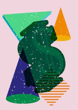 Renkli geometrik şekilli dolar işareti. Moda riso grafik tasarımı işleri. Para birimi sembollü Geometri ögeleri, soyut risograf baskı desen biçimi.