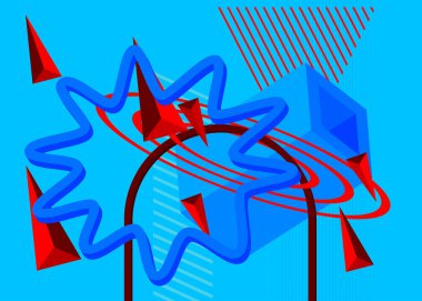 Mavi ve kırmızı geometrik grafik retro tema kapağı. Minimum geometrik elementler poster tasarımı. Klasik soyut şekiller şablonu.